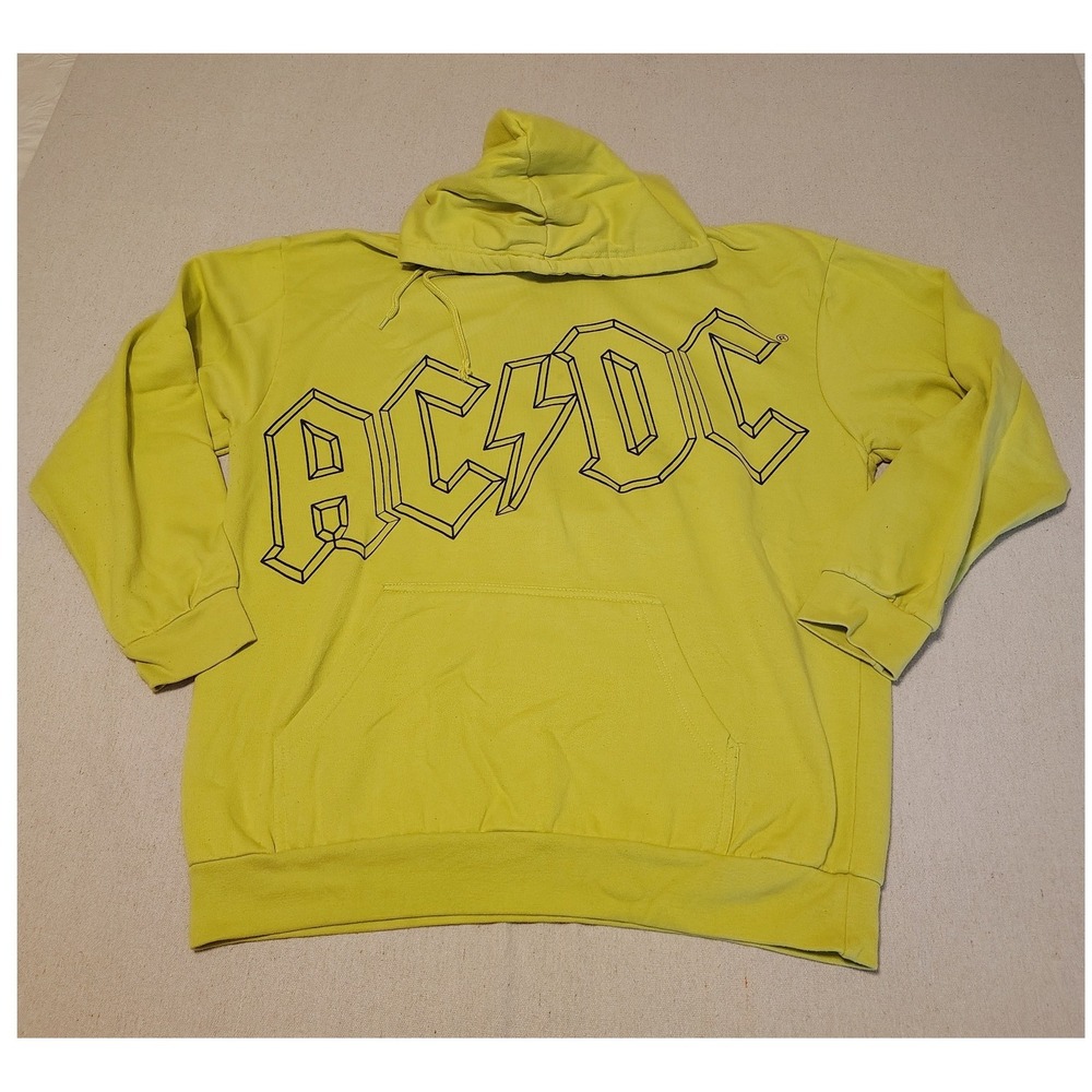 AC/DC Mens Neon Yellow Graphic Hoodie XL Rock Band Logo Pullover Sweatshirt